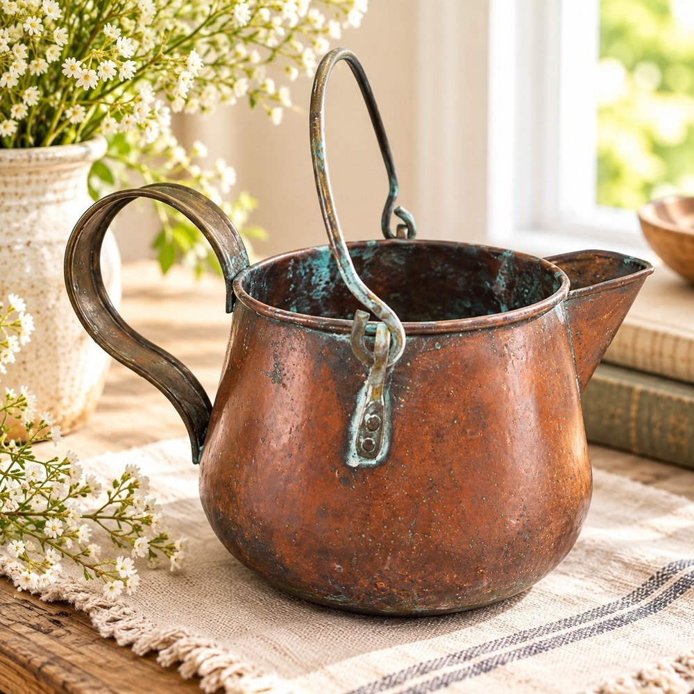 Antique Hammered Copper Kettle Verdigris Patina Primitive Tea Pot Bail Handle